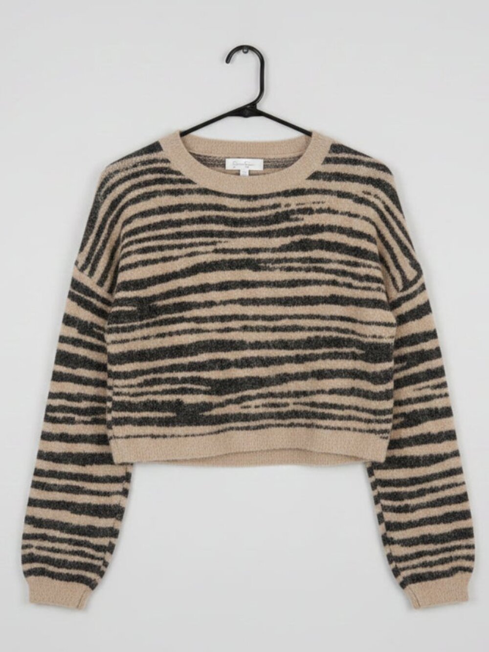 Jessica Simpson Fuzzy Knit Cropped Striped Sweater Small Tan Black Tiger